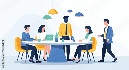 Diverse team in a modern meeting room, collaborating around a table with laptops and plants