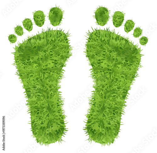 Foot prints made of green grass. Footprint or barefoot eco wildlife symbol on white background. Think green. Ecology concept