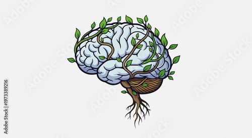 A stylized brain with roots and vines, symbolizing growth and mental health