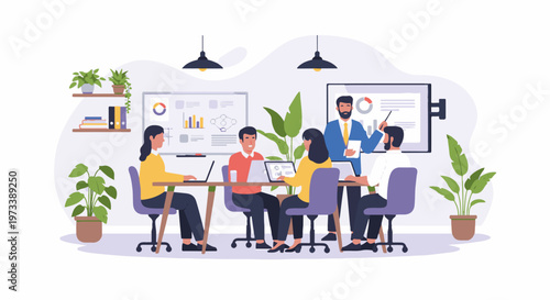 People in a modern office, engaged in a productive meeting with presentations