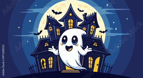 Cute cartoon ghost in front of a spooky haunted house at night