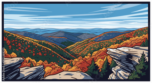 Pixelated mountain range vista with autumn foliage and rocky outcroppings under a sky of clouds