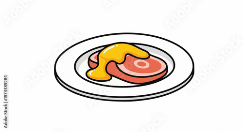 A raw steak is presented on a white plate with a drizzle of golden sauce