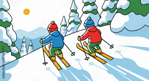 Two skiers in bright outfits descend a snowy mountain slope with evergreen trees and a bright sun