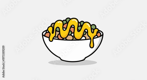 Whimsical illustration of a white bowl overflowing with mixed beans and peas, drizzled with bright yellow sauce