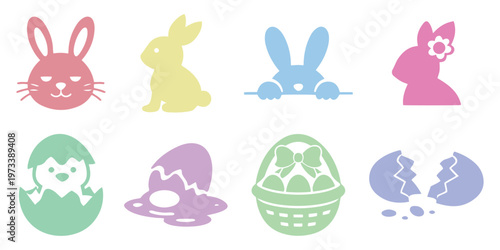 Set of Easter holiday black line icons with decorated eggs, bunny, chick, lamb, basket, and cross, a minimalist vector. Easter Glyph Icon Set – Bunny Face, Peeking Rabbit, Easter Chick, Basket