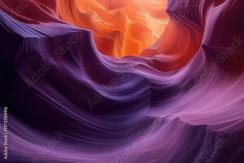 Sunlit slot canyon of smooth flowing sandstone walls in purple and orange hues, evoking awe and serene mystery