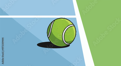 A lone green tennis ball casts a shadow on a blue and green court