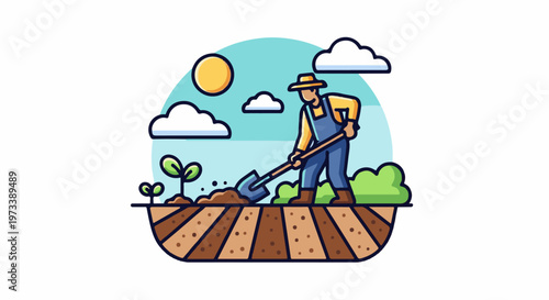 Farmer planting seedlings in a field under a sunny sky with clouds