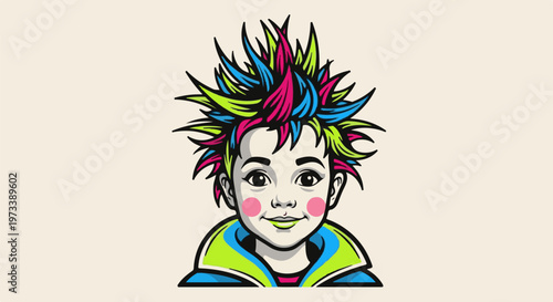 A stylized portrait of a child with spiky, multicolored hair, rosy cheeks, and a colorful jacket