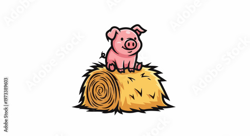 A happy cartoon piglet sits on a golden hay bale