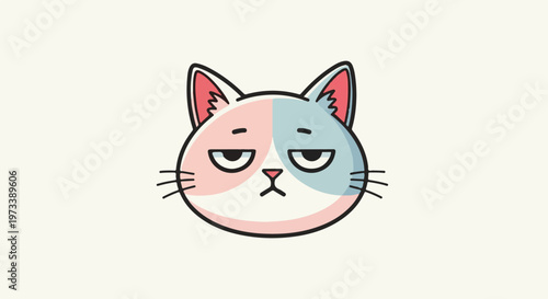 Cartoon cat face with pink and blue patches, bored expression