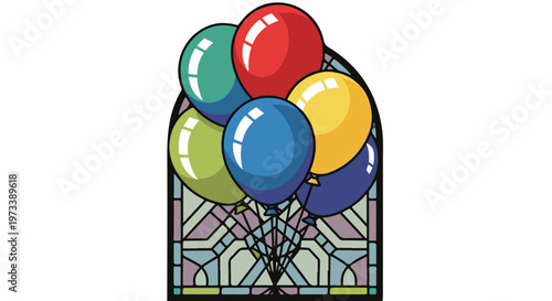 A cluster of colorful balloons floats above a stained-glass window pane