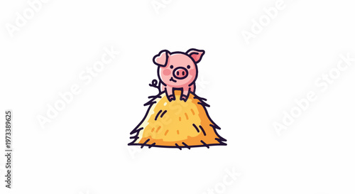 A cute, pink cartoon piglet sits happily atop a golden haystack, its curly tail visible
