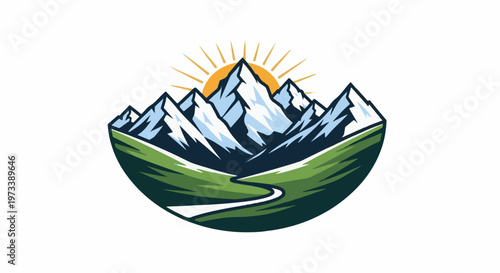 Majestic snow-capped peaks pierce the sky as a radiant sun shines above rolling green hills