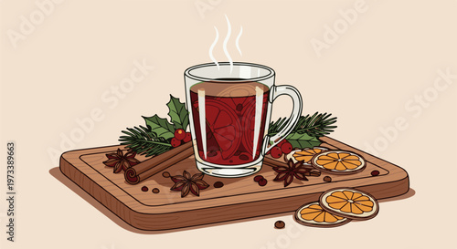 A steaming mug of mulled wine with oranges, cinnamon, and star anise on a wooden board