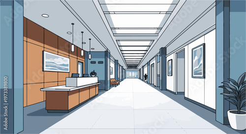 Modern, spacious office hallway with reception desk, art, and interior plants