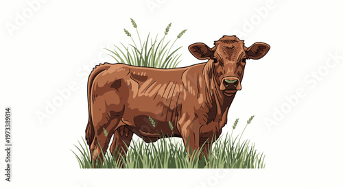 A brown calf stands in tall green grass with spikes of wheat
