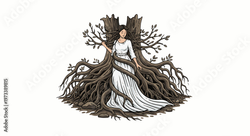 Woman embraced by ancient tree roots, her white dress flowing