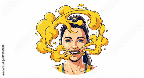 Animated woman with blue eyes and brown hair exhaling yellow smoke