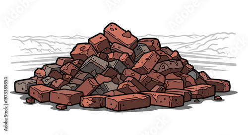 A heap of red and grey bricks is piled against a backdrop of abstract, gray mountainous shapes