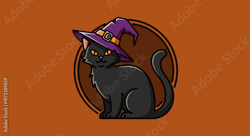 A black cat wearing a purple witch hat and orange accents sits within a brown oval outline