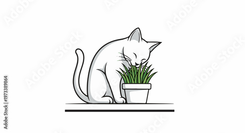 A white cat enjoys fresh green grass from a potted plant