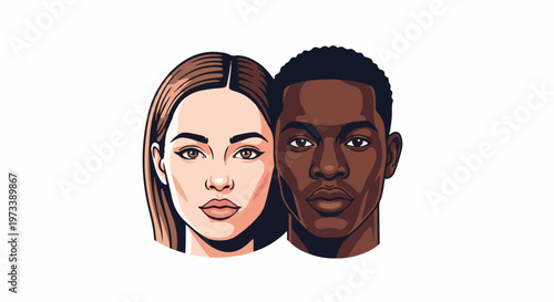 Diverse pair of faces, side by side, stylized illustration