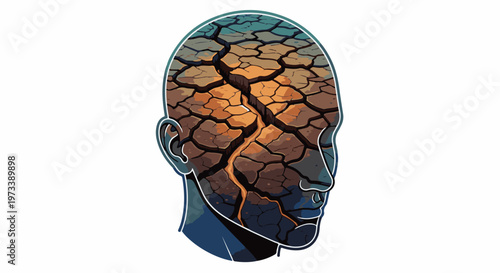 A profile silhouette of a head filled with cracked, dry earth, hinting at a parched mind