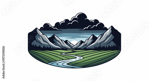 Pixel art illustration of a winding river flowing through green fields towards majestic mountains under a cloudy sky
