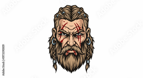 Fierce, bearded warrior face with braided hair, scars, and earrings