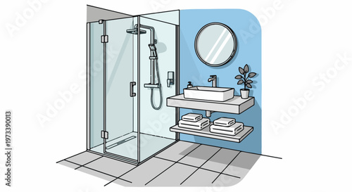 Modern bathroom featuring a glass shower enclosure, floating vanity with sink, mirror, and stacked towels