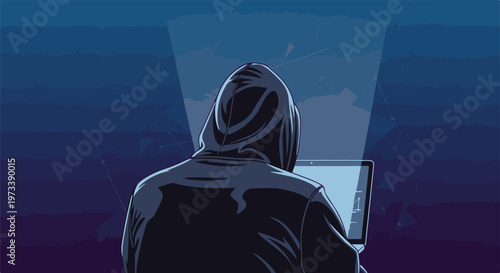 A hooded figure in dark clothing, seen from behind, sits at a laptop computer in a dimly lit, abstract digital space