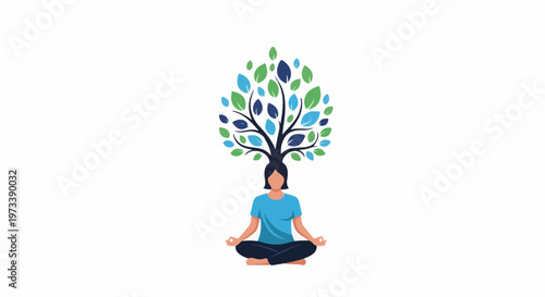 Person meditating with tree growing from head, symbolizing growth