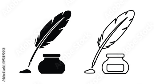 Two quill pens and inkwells depicted in a striking black silhouette