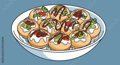 A white bowl overflows with a colorful assortment of round, stuffed savory snacks