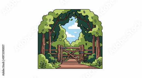 A picturesque forest path leads through a wooden gate, framed by lush green trees