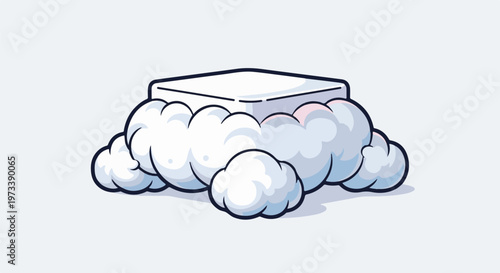 A stylized podium rests on fluffy white clouds with subtle pink and blue shading