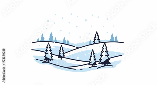 Gentle snow falls on a stylized winter landscape with rolling hills and evergreen trees