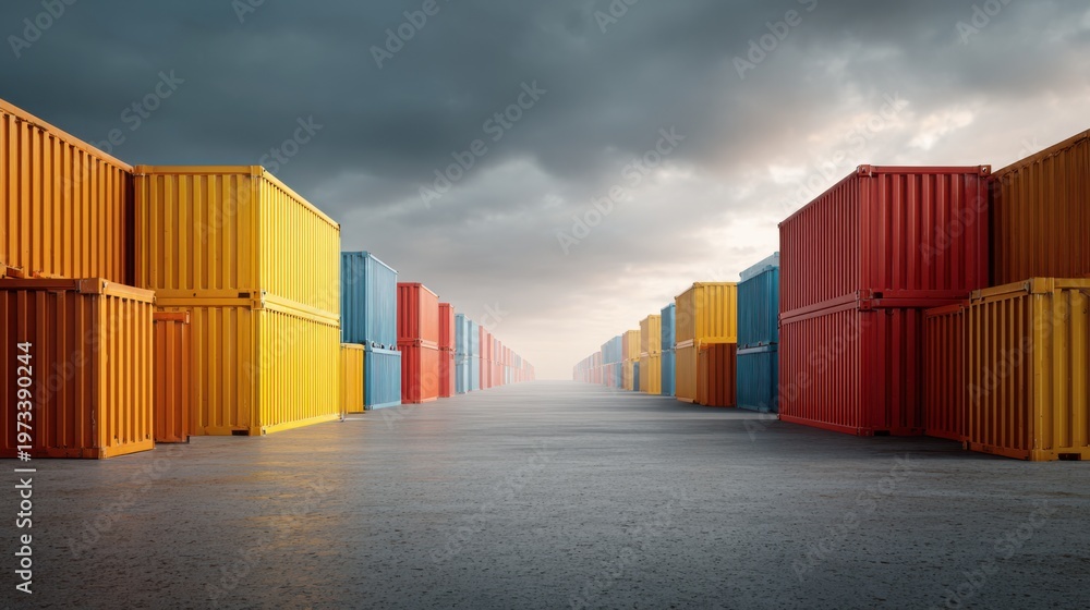Fototapeta premium Colorful shipping containers, stacked in rows, against a cloudy sky
