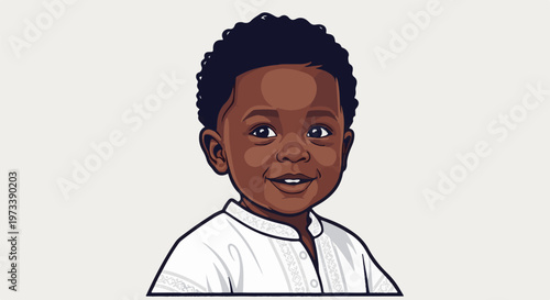 A smiling young boy with dark, curly hair and warm brown skin, wearing a white patterned garment