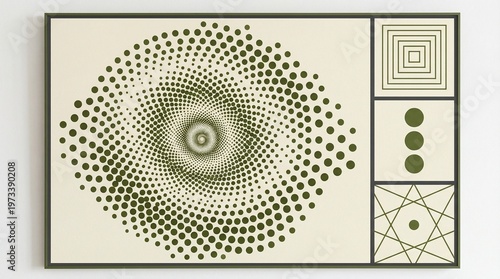 Modern Olive Green Abstract Geometric Wall Art in Wooden Frame – Four-Panel Print with Hypnotic Spiral Dots, Labyrinth Maze, Concentric Circles and Stylized Shapes .abstracts  geometric  art 