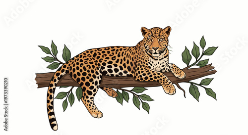 A spotted feline rests comfortably on a tree branch, surrounded by green foliage
