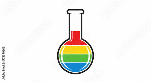 A round-bottomed laboratory flask with a narrow neck, filled with colorful liquids