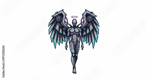 Pixel art robotic angel with metallic wings and a halo
