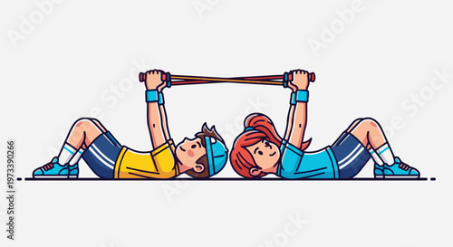 Two people lying down, exercising together using a resistance band