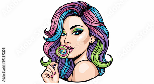 Woman with vibrant, multi-colored curly hair and striking makeup enjoys a swirl lollipop
