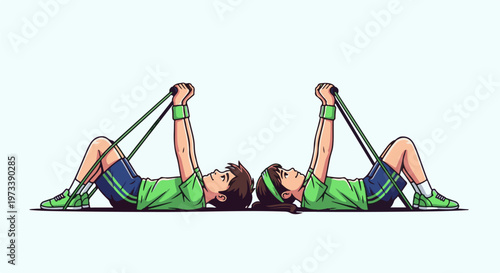 Two cartoon figures lie on their backs, exercising with resistance bands
