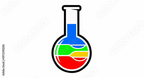 A stylized chemical flask contains multiple colorful liquid layers