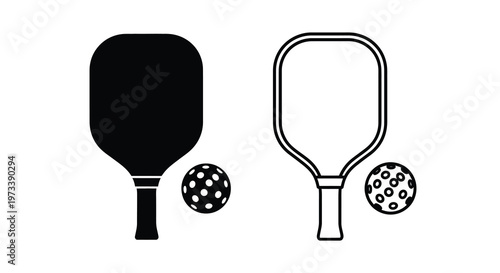 Two pickleball paddles and balls depicted in a stark black silhouette
